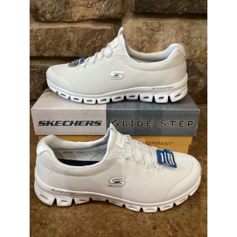 Skechers Glide-Step Glistened White Mesh Vegan Slip On Sneakers Womens Size 6.5